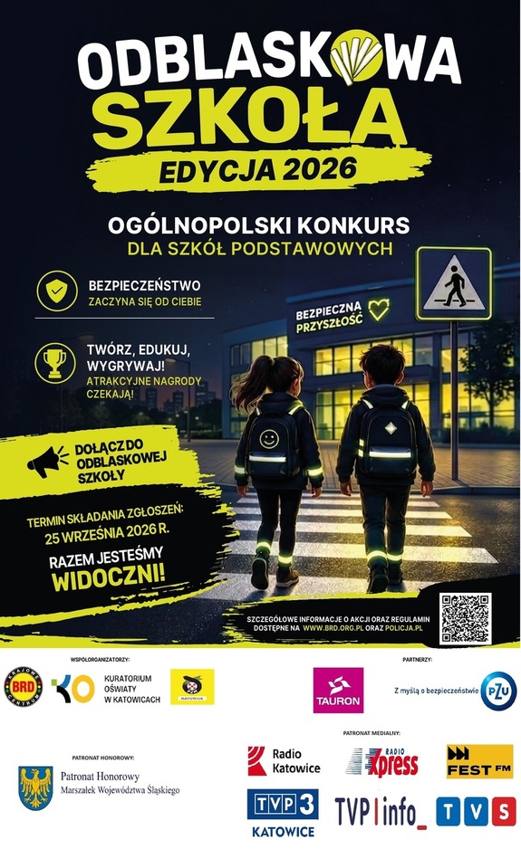 Plakat dotyczący konkursu Odblaskowa Szkoła, edycja 2026. Jest to ogólnopolski konkurs dla szkół podstawowych