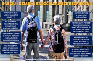 dwóch seniorów, kobieta i mężczyzna trzymają się za ręce, w tle rynkowe kamienice. Na pierwszym planie w ramkach rady dla seniorów.