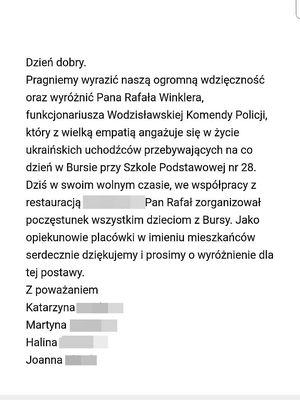 treść podziękowania dla wodzisławskiego policjanta od opiekunów Ośrodka Interwencyjnego w Wodzisławiu Śląskim za empatię i zaangażowanie w życie uchodźców z Ukrainy.