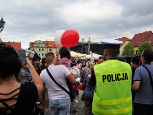 umundurowany policjant ubrany w odblaskową kamizelkę z napisem na plecach Policja stoi między licznie zebranymi osobami podczas uroczystych obchodów