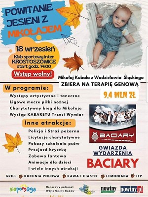 plakat z programem festynu charytatywnego dla Mikołaja Kubali