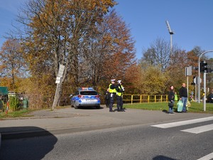 przy przejściu dla pieszych stoją policjanci, za nimi stoi zaparkowany radiowóz