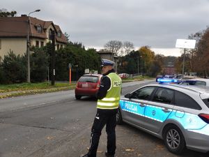 policjant stoi przy drodze, obserwuje ruch pojazdów