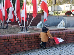 chłopczyk przechodzi obok flag państwowych, w ręku trzyma flagę Polski