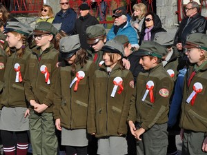 w szeregu stoją harcerze, na piersi mają biało- czerwone kotyliony