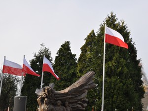 przed pomnikiem Powstańców Śląskich powiewają flagi państwowe