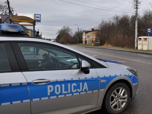 obok jezdni stoi policyjny radiowóz