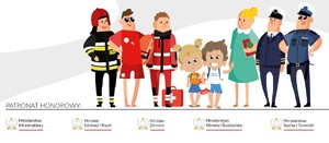 baner profilaktyczny, na którym widać postaci: policjanta, ratowników wodnych, ratowników medycznych, strażaków i dzieci