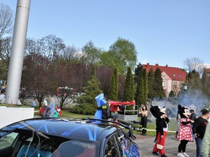 podczas festynu w tle widać Sznupka, który pozuje do zdjęcia ze strażakiem, obok stoją maskotki myszki