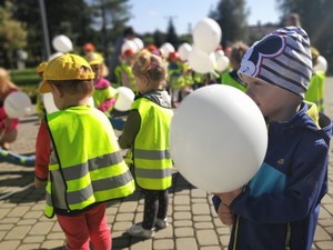 Na zdjęciu widać dzieci w kamizelkach odblaskowych