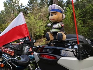 na motocyklu siedzi policyjna maskotka