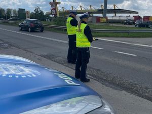 policjanci stoją przy drodze, obserwują ruch pojazów