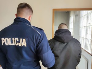 policjant stoi obok zatrzymanego mężczyzny, stoją tyłem do zdjęcia