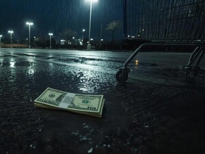 Obraz wygenerowany przez AI przedstawia leżącą gotówkę na sklepowym parkingu