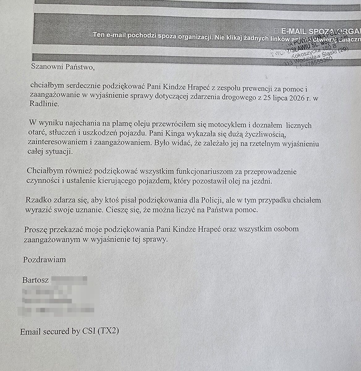 Podziękowania dla policjantki z Wodzisławia Śląskiego